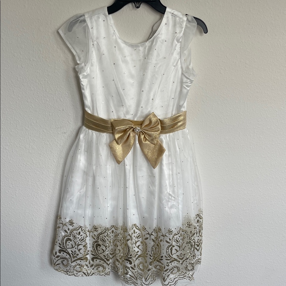 White and Gold Dress with Bow girls 10